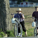 An Amish boy and girl walking along the road near Paradise, Pennsylvania